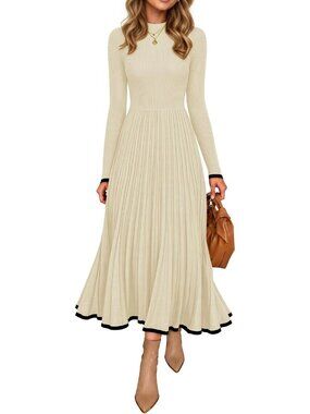 🆕 Women's Beige Ribbed Knit Long Sleeve Pleated A-Line Midi Sweater Dress Trim
